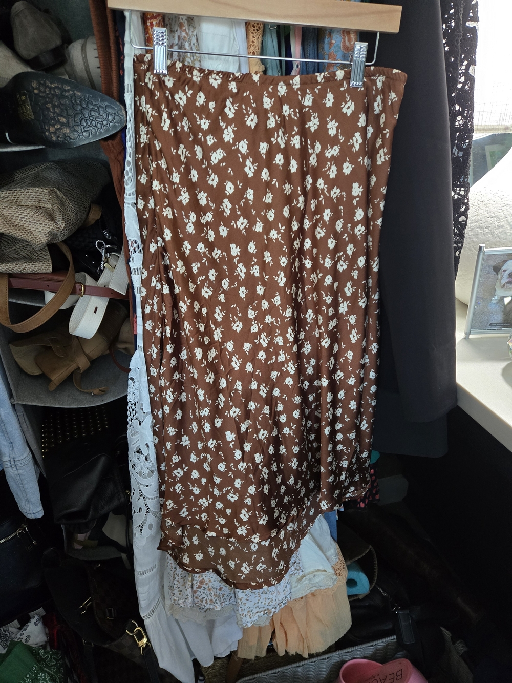Sienna Sky Brown Floral Midi Skirt with Cream Flowers